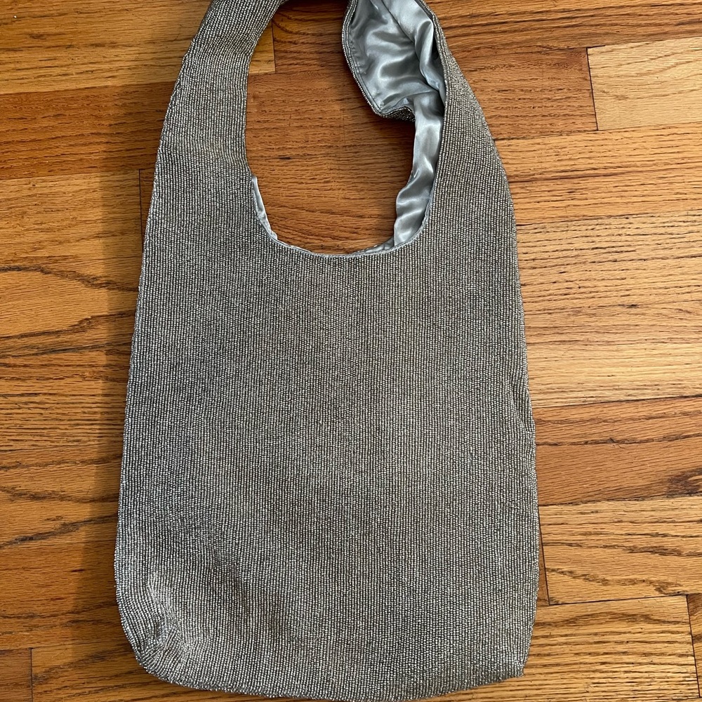 TIANA NY Large Silver Hand Beaded Tote with Satin Lining. NWOT.
